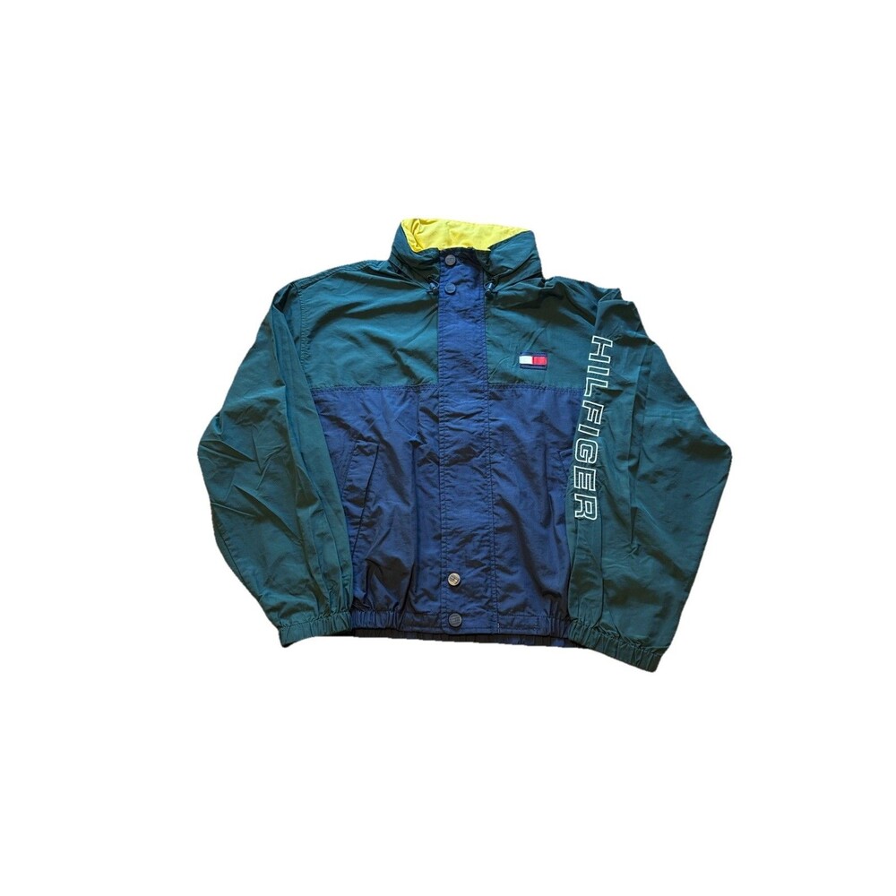 Vtg Tommy Hilfiger Windbreaker Jacket L 90s Blue Dark Green Sleeve Spell Out